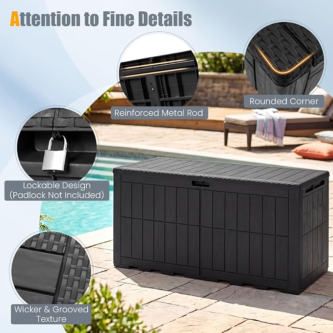 HAPPYGRILL 180 Gal Outdoor Deck Box, Lockable Storage Bin with Lid and Handles, Waterproof and Sun-Protective Patio Bench and Storage Box for Garden Tools Pool Supplies (Black, 180Gallon)