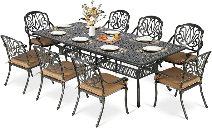 MEETWARM 9-Piece Outdoor Patio Dining Set for 8, All Weather Cast Aluminum Patio Funiture Table and Chairs Set- 94.5” Rectangular Table with 2" Umbrella Hole and 8 Cushioned Chairs for Garden, Khaki