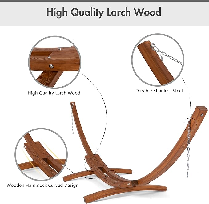 ANOW 13.5FT Curved Wood Stand with Portable Rope Hammock, Heavy Duty Larch Wood Arc Stand with 2 Chains, 4 Balance Ropes and 4 Carabiners, Includes Gray Hammock with Spreader Bars