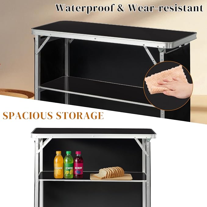 Portable Outdoor Bar Table - Folding Camping Table 2-Tier Shelves with Carrying Case, Storage Shelf & Black Skirt, Tradeshow Podium Table for Events, Camping, Party, Picnic, Exhibition - Black