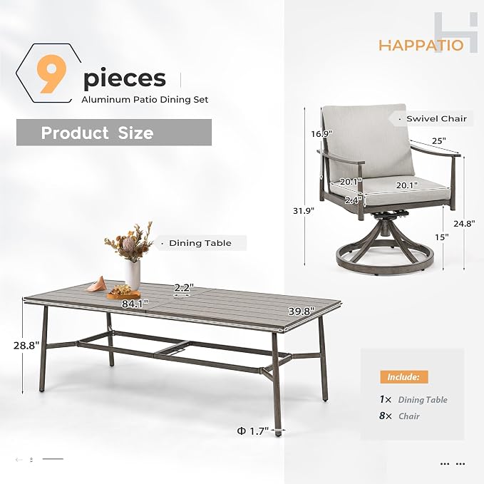 HAPPATIO 9-Piece Patio Dining Set for 8, Aluminum Outdoor Dining Set with Cushions, 8 Swivel Dining Chairs, 1 Large Rectangular Table with Umbrella Hole for Lawn, Porch, Backyard, Gray