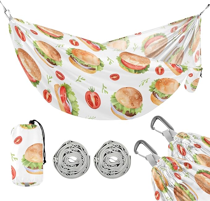 Camping Hammock Outdoor Hammocks for Outside Hamburger Tomatoes Beach Trees Portable Lightweight with Pockets Tree Straps Indoor Small