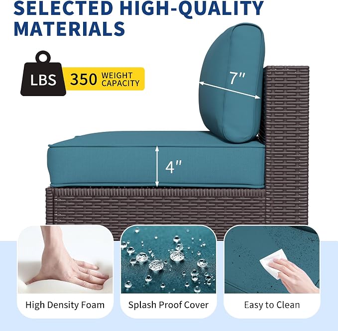 SHGJ&SOFT 7 Piece Outdoor Patio Furniture Set, All-Weather Rattan Wicker Modular Sectional Sofa Set with Water-Resistant Cushions&Tempered Glass Table for Backyard Poolside(Peacock Blue,7pcs)
