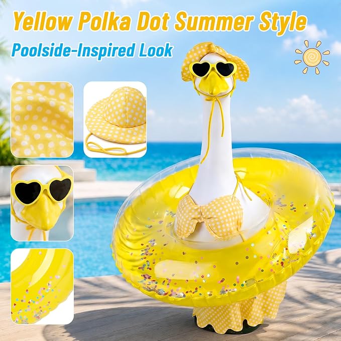 Porch Goose Outfit, Summer Yellow Bikini Set for 23 Inch Porch Goose with Pool Float, Hat and Sunglasses, Yard Porch Decor