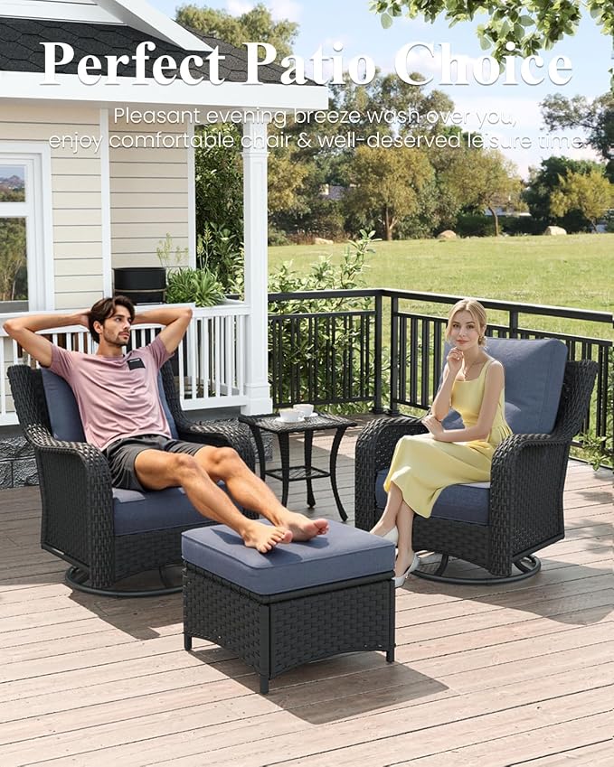 LayinSun 9 Piece Wicker Outdoor Furniture Set with 6-inch Comfy Cushions, High Back Patio Furniture Set with Swivel Rocking Chairs and Side Table