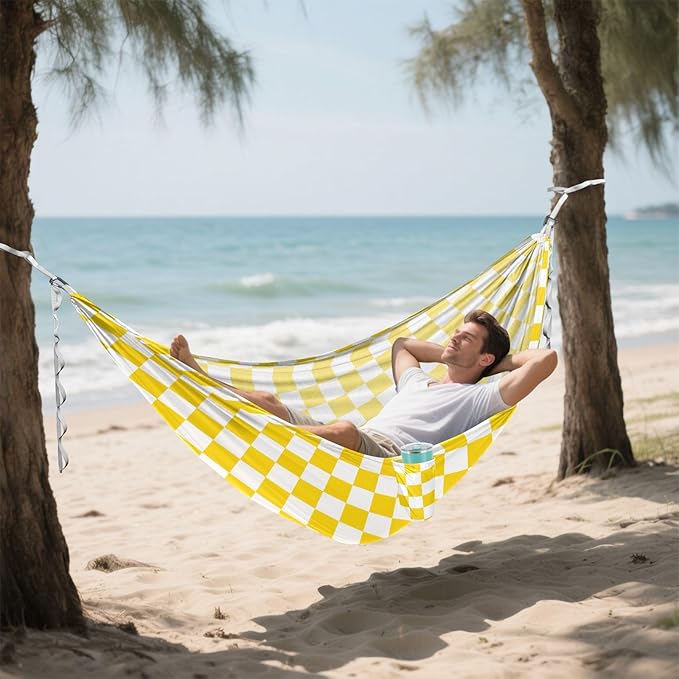 Camping Hammock Outdoor Hammocks for Outside Yellow White Checkered Beach Trees Portable Lightweight with Pockets Tree Straps Indoor