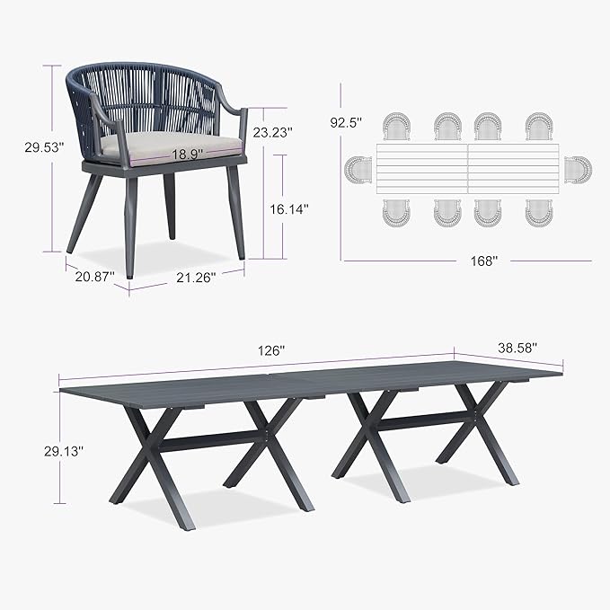 PURPLE LEAF 12 Pieces Outdoor Dining Set All Weather Wicker Patio Dining Set with Rectangular Aluminum Table and Modern Armrest Dining Chairs for Garden Deck Backyard Kitchen, Grey