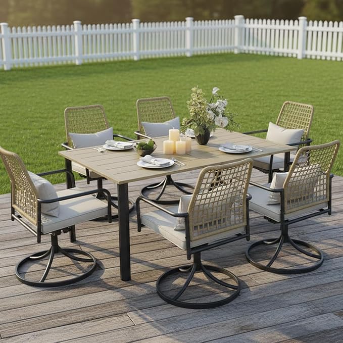 Anmutig Outdoor Patio Table for 6 Person, Patio Dining Rectangle Table with 1.57" Umbrella Hole for Garden Lawn Backyard Parties, Black Metal Frame 63" L x 38" W x 29" H Brown