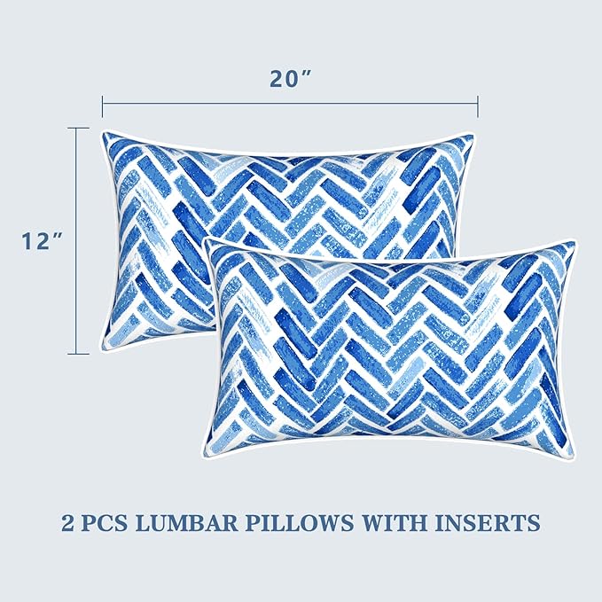 LVTXIII Set of 2 Outdoor Lumbar Pillows for Patio Furniture with White Piping, 12"x20" Fade Resistant Patio Lumbar Pillows with Inserts for Home Coach Sofa Use, Blue Bricks