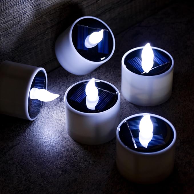 6 Pack Cool White Flickering Outdoor Waterproof Solar Powered Electric Candles, Solar LED Rechargeable Flameless Votive Candles, Flicker Battery Tea Lights Bulk for Outside Table Home Decor