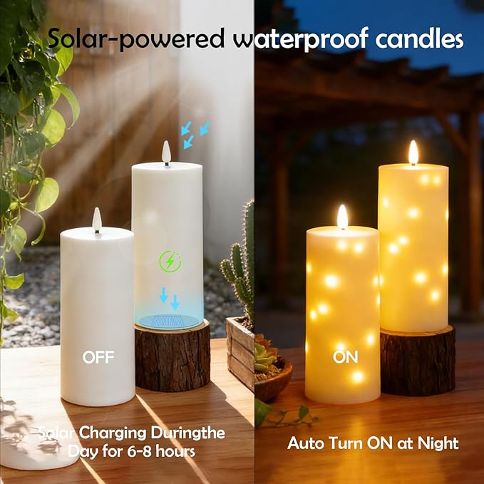 kakoya Large Solar Flameless Candles Outdoor Waterproof 10" x 4",2Pcs LED Pillar Candles Included Rechargeable Solar Battery with Embedded Star String for Outdoor Porch,Patio Decor(White)