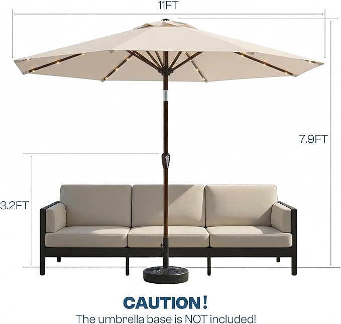 11FT Solar Patio Umbrella with Lights, Outdoor Table Market Umbrella with 32 LED Lights, 8 Sturdy Ribs, Smooth Crank Lift for Pool, Deck and Garden, UV-Resistant