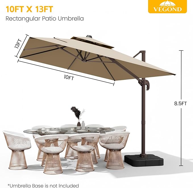 10x13 FT Patio Cantilever Umbrella (Base Not Included) (Base Not Included), Rectangular Heavy Duty Offset Umbrella for 8-10 People, 360°Rotation & Mult Tilt, Double Top Design, for Pool Garden Deck (Beige)