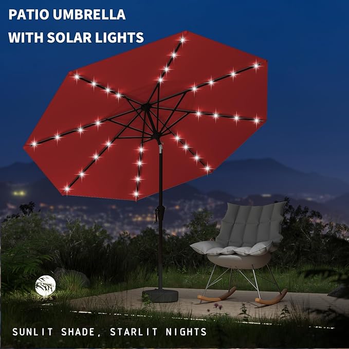 9FT Patio Umbrella with Solar Lights,Outdoor Market Umbrella with Tilt and Crank, LED Lighted Table Umbrella for Garden,Deck,Backyard,Pool,Beach (Red)