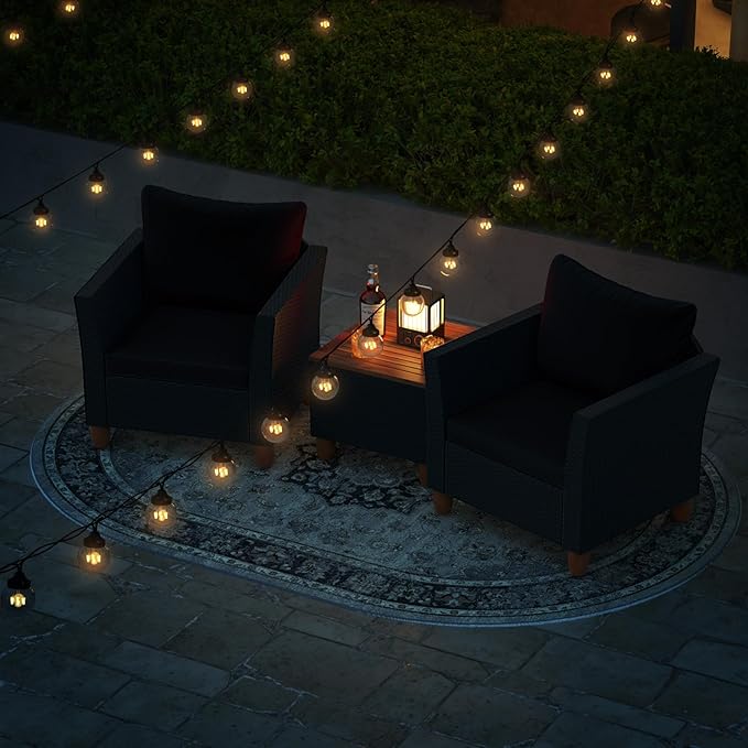 HAPPYGRILL 3 Pieces Patio Conversation Set with Storage Coffee Table, Outdoor PE Rattan Wicker Furniture Set with Cushions, Acacia Wood Patio Furniture Set for Balcony Backyard Porch Garden