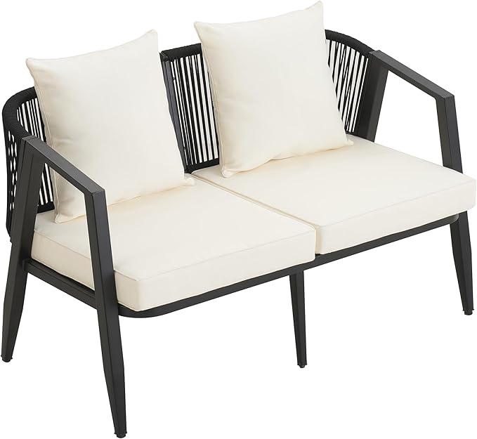 GDFStudio Aoxwe 4 Piece Outdoor Conversation Set, Rope Woven Club Chairs, Woven Open Back Loveseat, Slats Panel Design Coffee Table, Iron Frame Sectional Conversation Set for Poolside, Beige