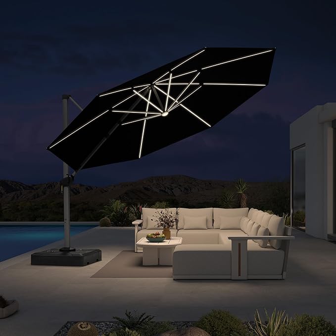 PURPLE LEAF Cantilever Umbrella with Base 13ft Outdoor Round Patio Solar Powered LED Umbrella with 360-degree Rotation for Garden Deck Pool Patio, Black