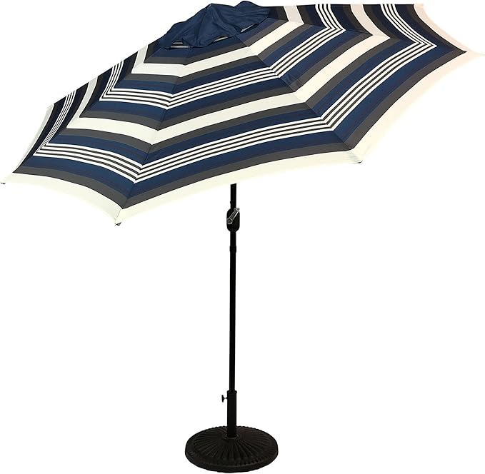 9' Round Patio Umbrella with 32 Solar Powered LED Lights, Push-Button Tilt and Hand Crank Lift, Solar Lighted Umbrella in Navy Stripe for Patio, Porch, and Backyard by Sun-Ray