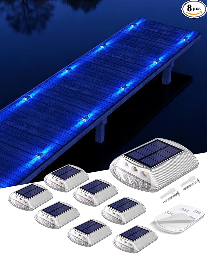 DetarZinLED Solar Driveway Lights Outdoor, 8 Pack IP68 Waterproof Dock Deck Lights Solar Powered, Stick on & Screw Blue Markers Light for Pathway, Walkway, Sidewalk, Patio, Pool Deck, Garage Entrance
