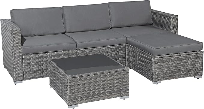 Patiorama 5 Piece Outdoor Patio Furniture Set, Outdoor Sectional Conversation Set, All-Weather Grey PE Wicker w/Dark Grey Cushions, Outdoor Backyard Porch Garden Poolside Balcony Furniture Set