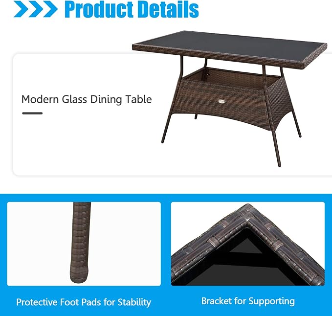 5 Pieces Patio Wicker Dining Set Outdoor Furniture, Outdoor Rattan Table and Chairs with Tempered Glass Table-top & Padded Cushions, Patio Furniture Sets for Backyard, Balcony(Brown)