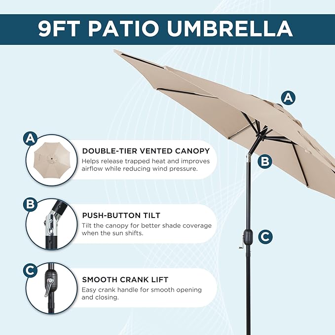 9FT Outdoor Patio Umbrella with Push Button Tilt and Crank, Market Umbrella, 8 Heavy-Duty Ribs, Outdoor Table Umbrella for Garden, Deck, Poolside & Backyard