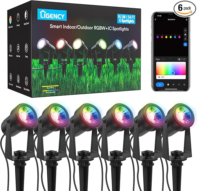 Ligency Spotlight Outdoor Smart Low Voltage Landscape Lights, 6 Pack Outdoor Spot Lights IP65 Waterproof RGBW Color Changing Spotlights for Yard Garden, 54Ft
