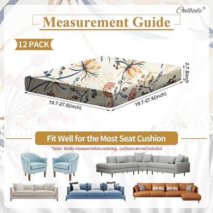 CALBODE 12PACK Outdoor Sofa Seat Cushion Covers, Floral Printed Stretch Polyester Elastic Detachable Half-Pack Sofa Cover, for Patio Terrace Garden Sofa Seat Cushion Cover