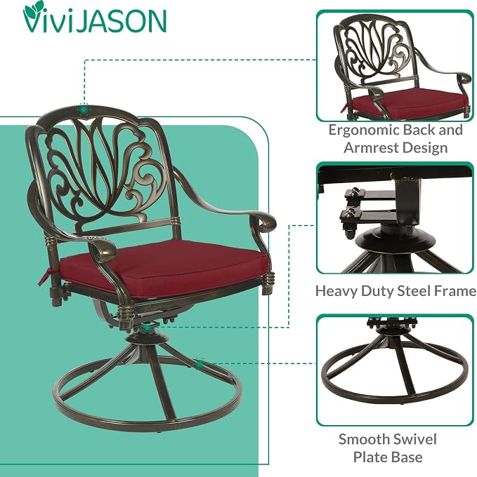 VIVIJASON 9-Piece Outdoor Furniture Dining Set for 8, Cast Aluminum Patio Table and Chairs Set with 4 Stationary Chairs, 4 Swivel Rocker Chairs, 64" Large Square Dining Table, Umbrella Hole, Red