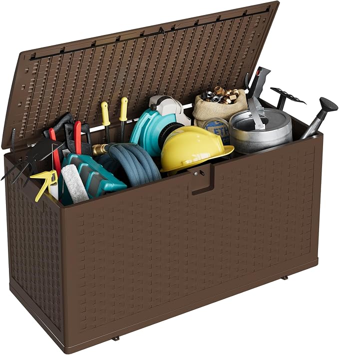 80 Gallon Brown Resin Deck Box, Waterproof Lockable Outdoor Storage Box, Multifunctional Patio Storage Container for Furniture Cushions, Garden Tools, Pool Accessories & Package Delivery