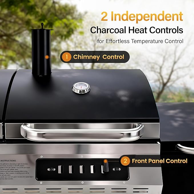 Sophia & William 3-Burner Gas and Charcoal Grill Combo with Offset Smoker - Dual Fuel BBQ Grill, 840 sq. in. Cooking Area, Heavy Duty Propane Barbecue for Outdoor Patio Cooking, Black