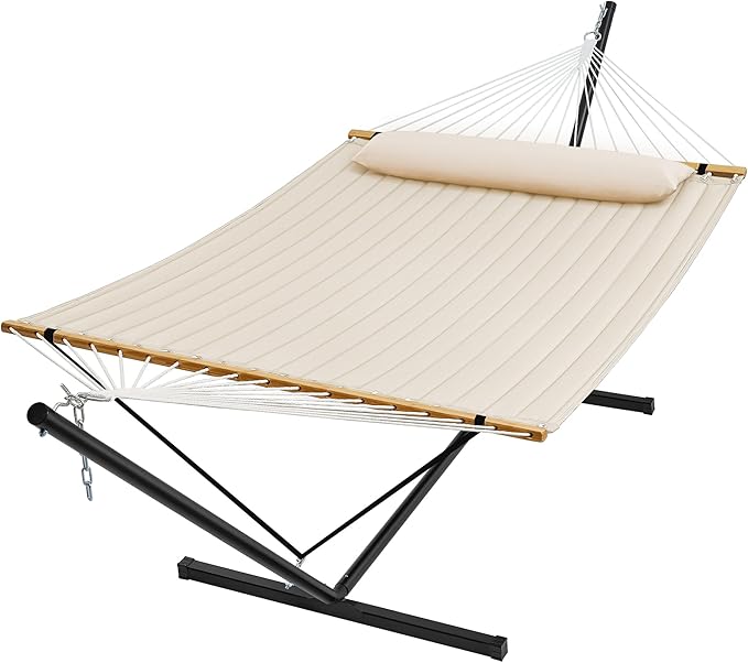 SUPERJARE Hammock with Stand, 2 Person Quilted Outdoor Hammock, Detachable Pillow & Bamboo Spreaders, Portable Hammock with Carrying Bag, Heavy Duty Stand, Perfect for Outside, Patio, Cream Beige