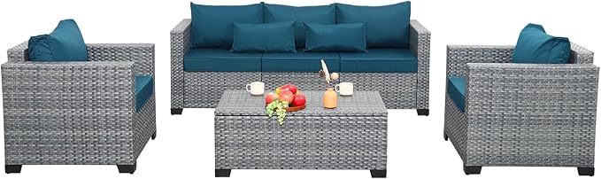 4 Piece Wicker Patio Furniture Sets Outdoor Conversation Set PE Rattan Sectional Sofa Couch with Storage Table and Peacock Blue Cushions