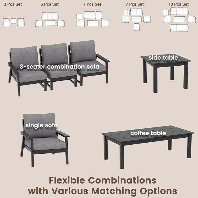 Ayge HDPE Patio Furniture Set, 7 Piece Sectional Outdoor Furniture Set, All Weather Outdoor Couch Set Patio Conversation Set for Deck, Lawn, Black