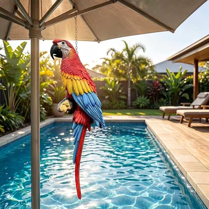 37.8" Hanging Scarlet Macaw Parrot Statue | Outdoor Resin Bird Decor, Weatherproof Solid Resin with Vibrant Hand-Painted Feathers