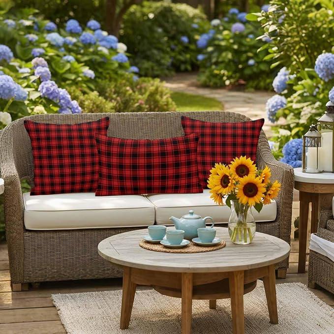 Red Black Plaid Waterproof Outdoor Pillow Covers Set of 2 Home Decor Vintage Farmhouse Abstract Buffalo Check Pillowcase Patio Pillow Covers for Couch Bench Furniture Garden 20x20in