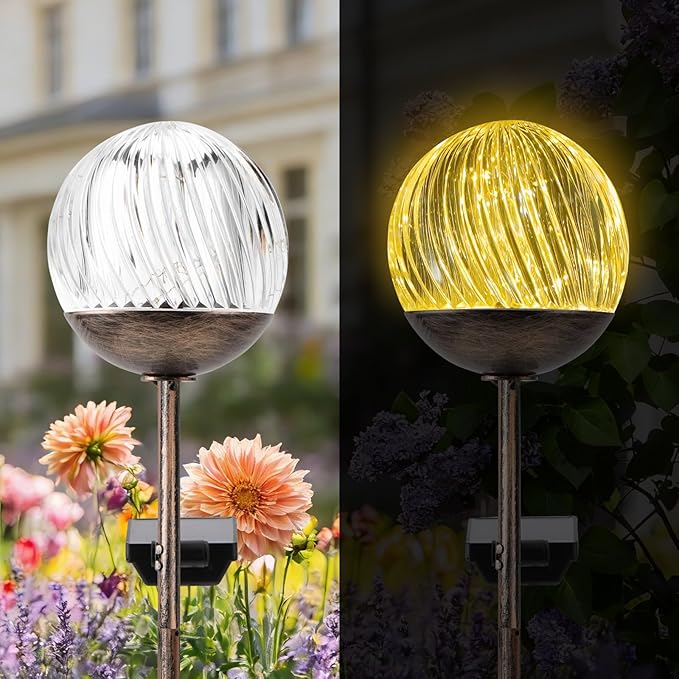 Solar Globe Stake Lights - Twinkle Effect Outdoor Acrylic Ball Garden Lights with 20 LED, IP44 Waterproof,Metal H-Shaped Ground Spike for Yard, Pathway, Patio Decor (Bronze Stake, 2 Pack)