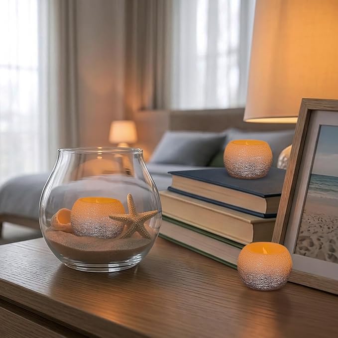 FURORA LIGHTING Small Silver Glittery Real Wax Flameless Candles, Pack of 3 – LED Flickering Small Round Candles, 2.4” x 1.6”, Battery Included, Ideal for Home Décor