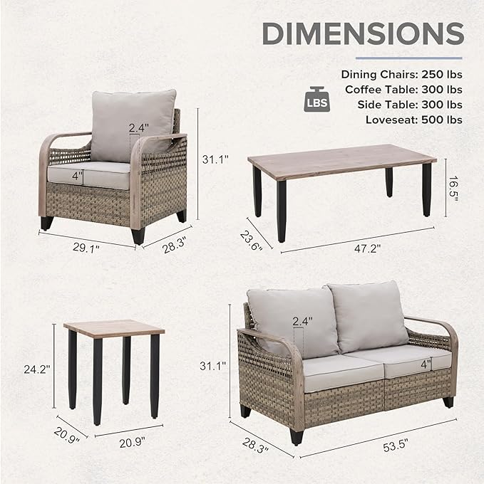 COOS BAY Modern Wicker Outdoor Furniture Set, 5 Piece Patio Conversation Set with 2 Patio Chairs, a Loveseat, Coffee Table and Side Table, 5 Piece, Brown/Gray