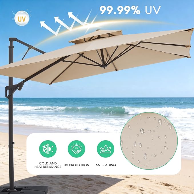 JEAREY 9ft 2-Tier Cantilever Patio Umbrella, Large Square Outdoor Offset Umbrella with Double Top Vent and 360-degree Rotation for Garden, Deck, Pool, Patio, Beige