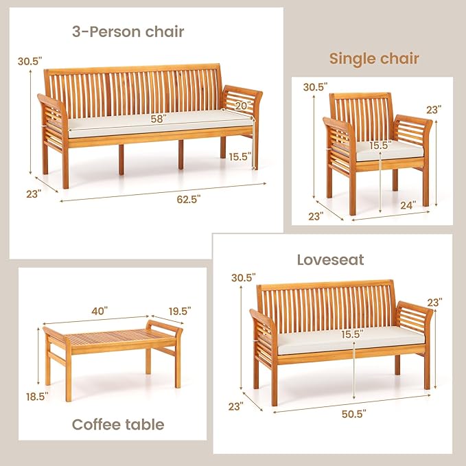 HAPPYGRILL 5 Pieces Acacia Wood Patio Conversation Set, Outdoor Furniture Sofa Set with Removable Seat Cushions, Sectional Sofa & Table Set for Garden Backyard Deck Poolside