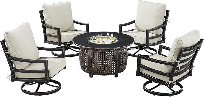 Oakland Living Black Aluminum Patio Fire Table Set with Four Club Chairs with Light Grey Cushions