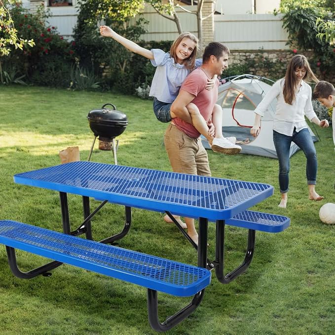 6 ft. Rectangular Outdoor Steel Picnic Table with Umbrella Pole, Heavy-Duty Weather-Resistant Dining Table for Patio, Backyard, and Garden, Rust-Resistant Finish, Blue
