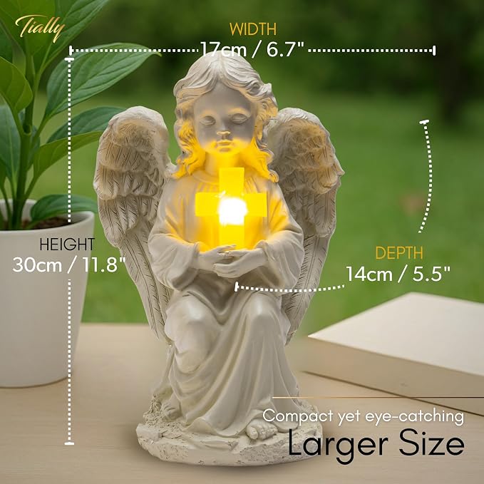 Solar Angel Garden Statue with Cross, 12" Memorial Cemetery Guardian Light | Bright all-night warm glow, true-to-size 12in, weatherproof resin built to last - not flimsy plastic; lights up every night