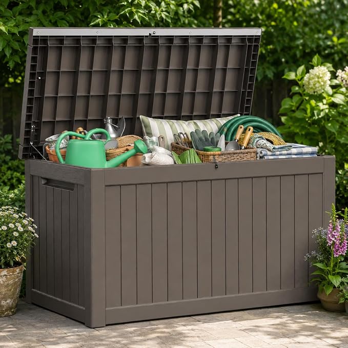 Outdoor Deck Patio Storage Box - 280 Gallon Large Outdoor Deck Box, Plastic Storage Bin with Lid, Outside Toy Box & Pool Storage Container for Cushions, Garden Tools, Towel, Brown