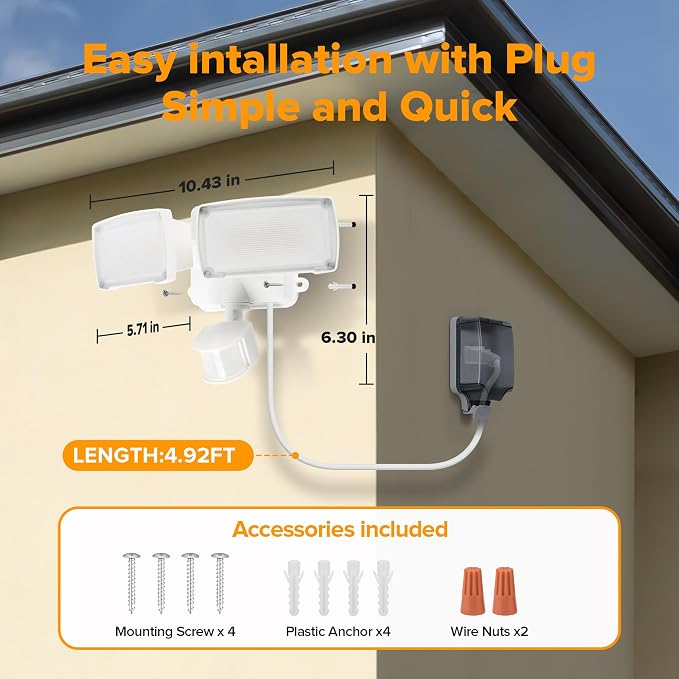 LUTEC 21W 2 Pack Plug in Motion Sensor Light Outdoor, Flood Lights Outdoor Motion Sensor,2500LM, 5000K Daylight,IP65 Waterproof,Adjustable 2 Heads Wall Light for Garage, Porch, Yard - White