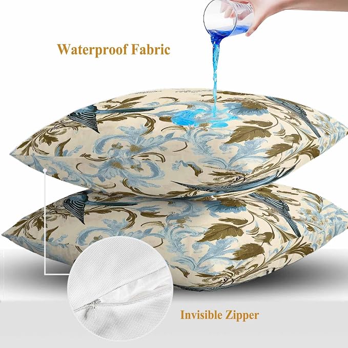 Vintage Bird Flower Outdoor Waterproof Throw Pillow Covers Set of 2, 18"x18", Watercolor Green Blue Floral Decorative Pillow Covers Outside Cushion Case for Patio Porch Garden