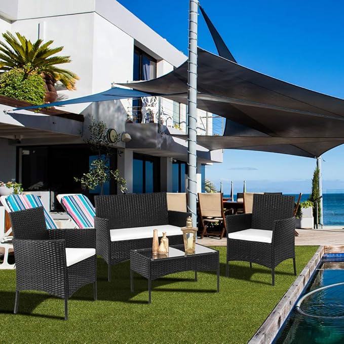 Patio Furniture Set,4 Piece Outdoor Patio Conversation Set with Cushions,All-Weather PE Rattan Sectional Patio Sofa Set with 5mm Thick Tempered Glass Coffee Table,Black