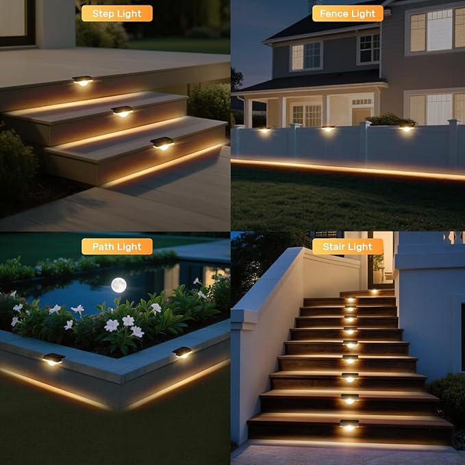 AGOTD Solar Stair Lights Outdoor Waterproof, 8 Pack Solar Step Lights for Outside Warm White Deck Lighting for Step, Stair, Porch, Railing, Patio, Yard, Front Door, Sidewalk, Poolside, Balcony