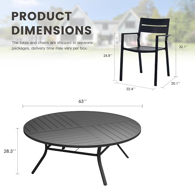 Patio Dining Set for 10, Round 63.1" Patio Dining Table and Stackable Outdoor Dining Chairs Outdoor Furniture for Backyard Porch Deck, Spliced Black Table and Black Chairs